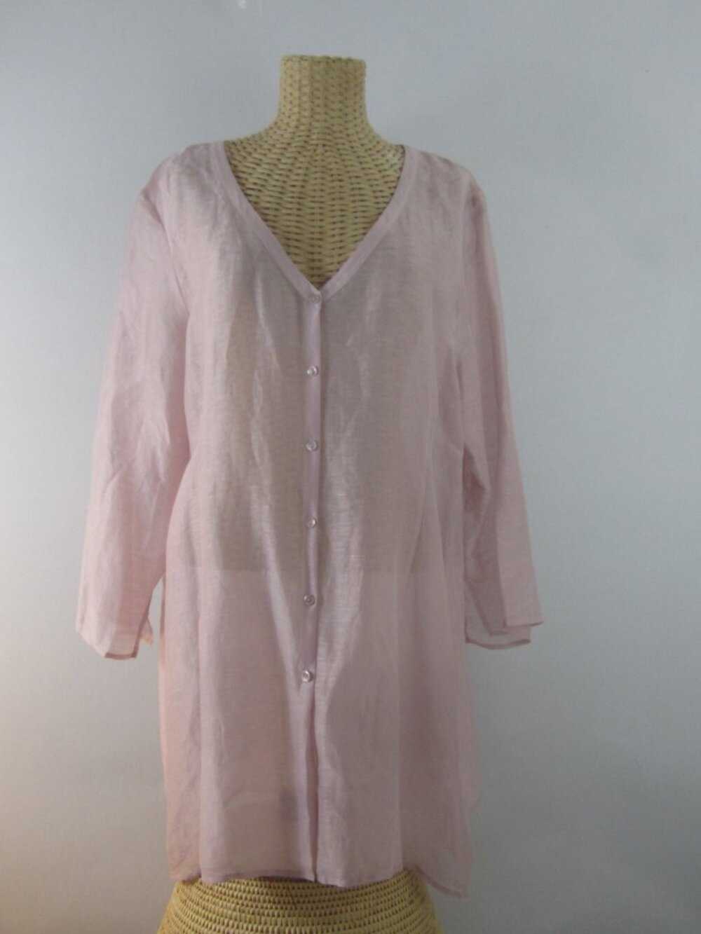 Eileen Fisher Women XL Lavender Silk Linen Sheer Button Long Shirt Tunic